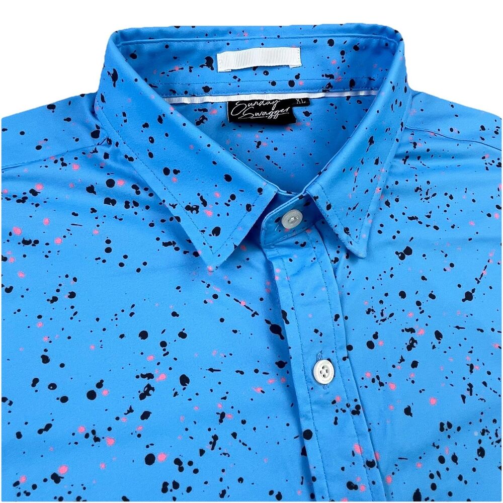 Sunday Swagger Polo Shirt Men XL Blue Golf Stretch Paint Splatter All Over Print